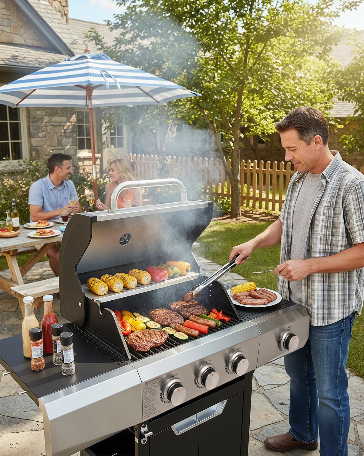 40,500 BTU 3-Burner Propane Gas Grill with Side Burner,Stainless Steel Outdoor BBQ Grill Portable with Wheels and Cast Iron Grates for Patio Garden Barbecue Cooking