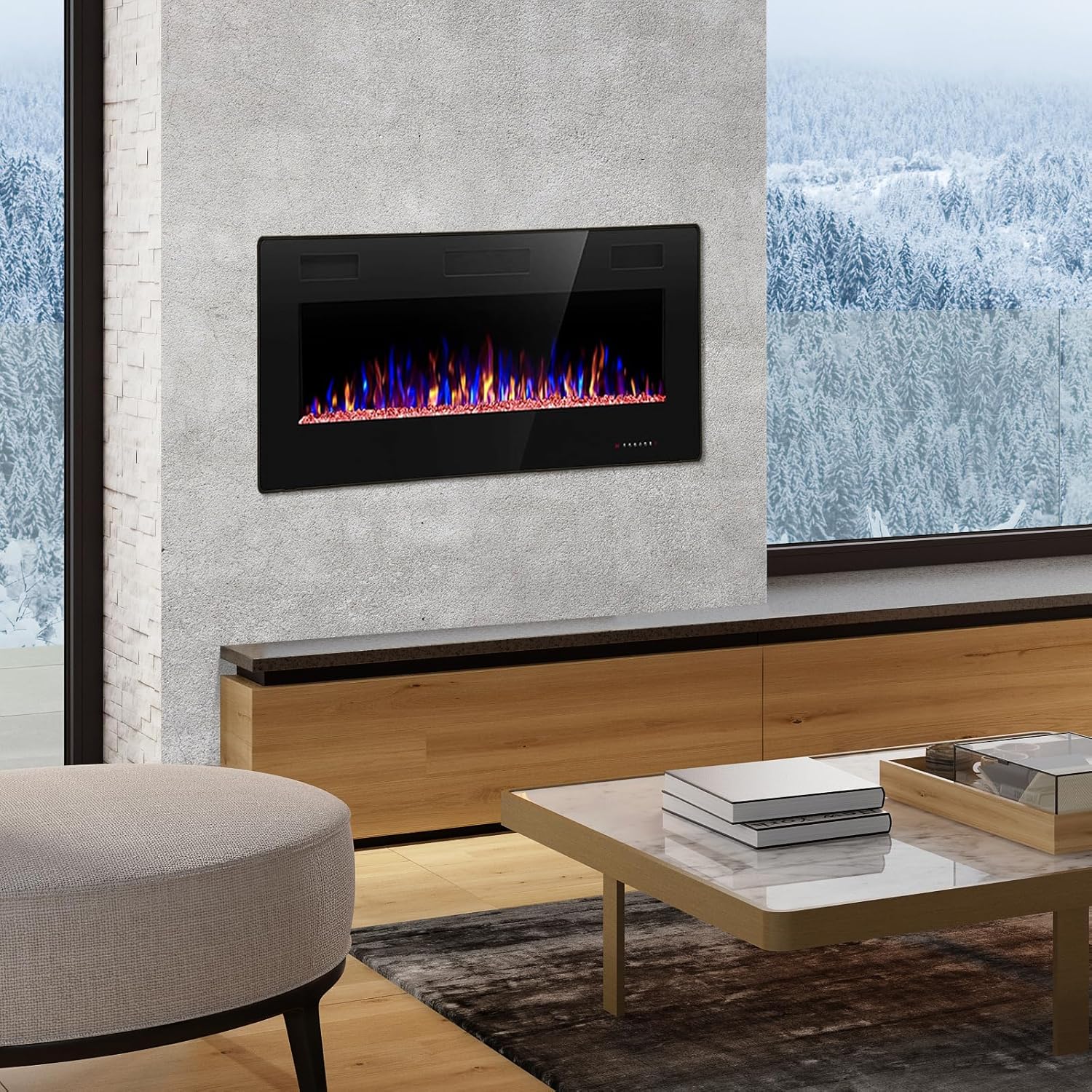 R.W.FLAME 36 inch Recessed and Wall Mounted Electric Fireplace, Ultra Thin ad Low Noise, Fit for 2 x 4 and 2 x 6 Stud, Remote Control with Timer,Touch Screen,Adjustable Flame Color and Speed