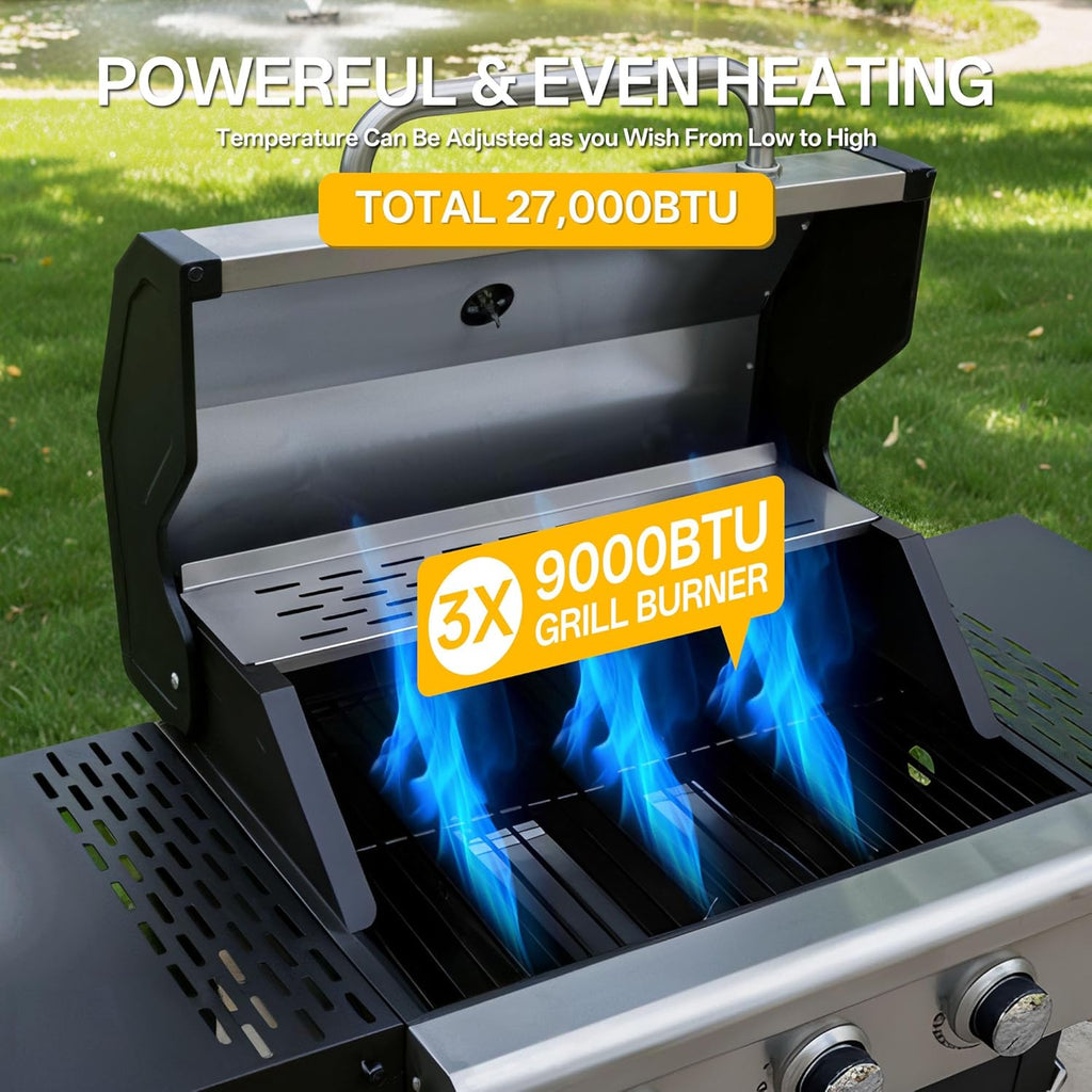 Endark 3-Burner Propane Gas Grill,Heavy Duty Freestanding Outdoor BBQ Barbecue Stainless Steel Lid,Large Cooking Area,Side Shelves &amp; Storage Cabinet,Portable Patio Backyard Camping