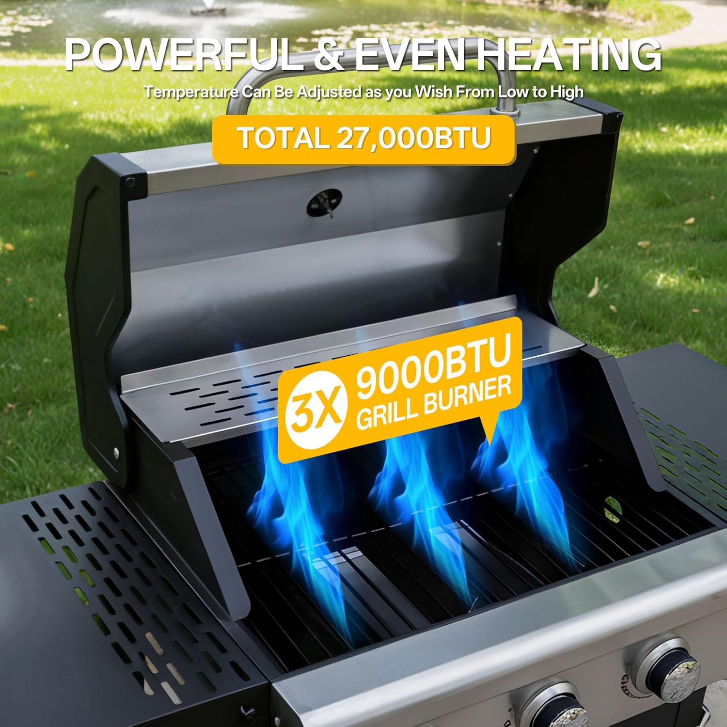 Endark 3-Burner Propane Gas Grill,Heavy Duty Freestanding Outdoor BBQ Barbecue Stainless Steel Lid,Large Cooking Area,Side Shelves &amp; Storage Cabinet,Portable Patio Backyard Camping