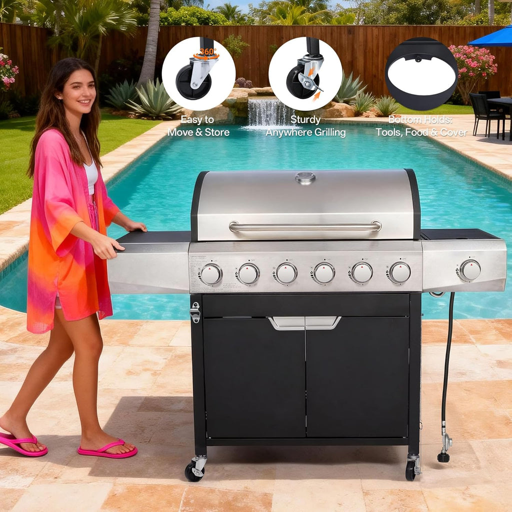 Endark 6-Burner 68,500 BTU Propane Gas Grill with Side Burner, Stainless Steel & Porcelain Grates, Wheeled BBQ Grill for Patio, Garden, Backyard, Outdoor Cooking