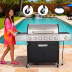 Endark 6-Burner 68,500 BTU Propane Gas Grill with Side Burner, Stainless Steel & Porcelain Grates, Wheeled BBQ Grill for Patio, Garden, Backyard, Outdoor Cooking