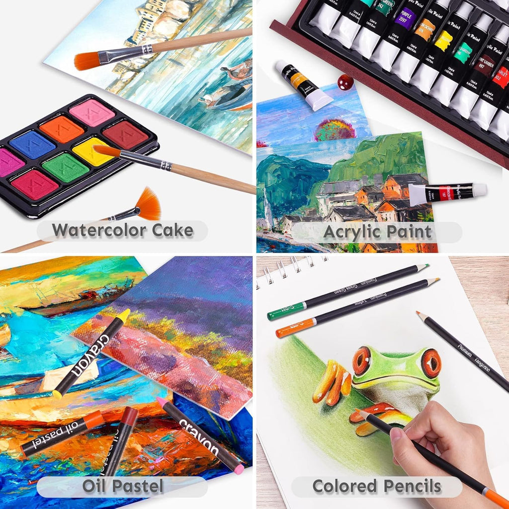 Deluxe Art Set with 2 Drawing Pads, Crayons, Acrylic Paints, Colored Pencils Set in Wooden Case, Professional Art Kit for Adults, Artist and Teens, Paint Supplies
