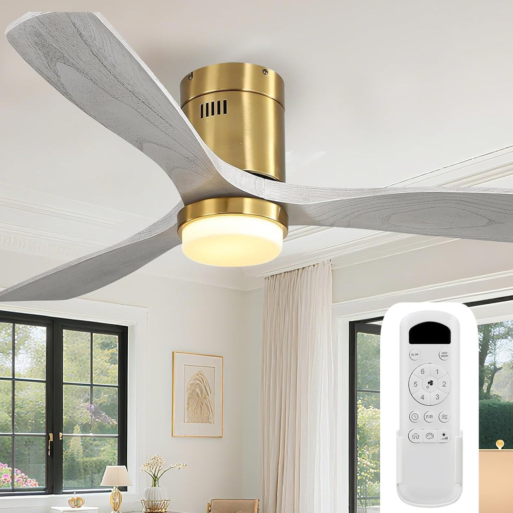 Sofucor 52 Inch Solid Wood Ceiling Fan Without Lights Flush Mount Ceiling Fan with Remote Control-Wood Blades Modern Outdoor Ceiling Fans No Light for Bedroom/Farmhouse/Patio/Indoor, Brown Black