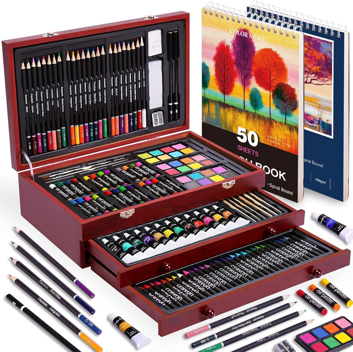 Deluxe Art Set with 2 Drawing Pads, Crayons, Acrylic Paints, Colored Pencils Set in Wooden Case, Professional Art Kit for Adults, Artist and Teens, Paint Supplies