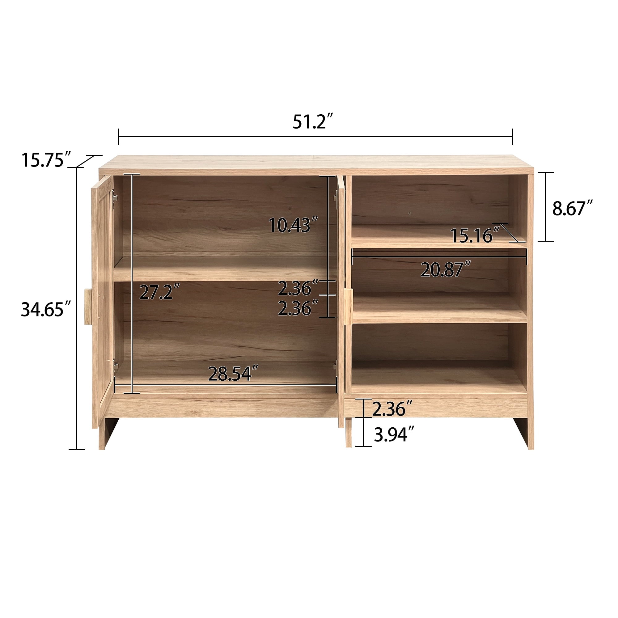 SHALLWE 51" Rattan Buffet Cabinet, Modern Accent Sideboard with Adjustable Shelves