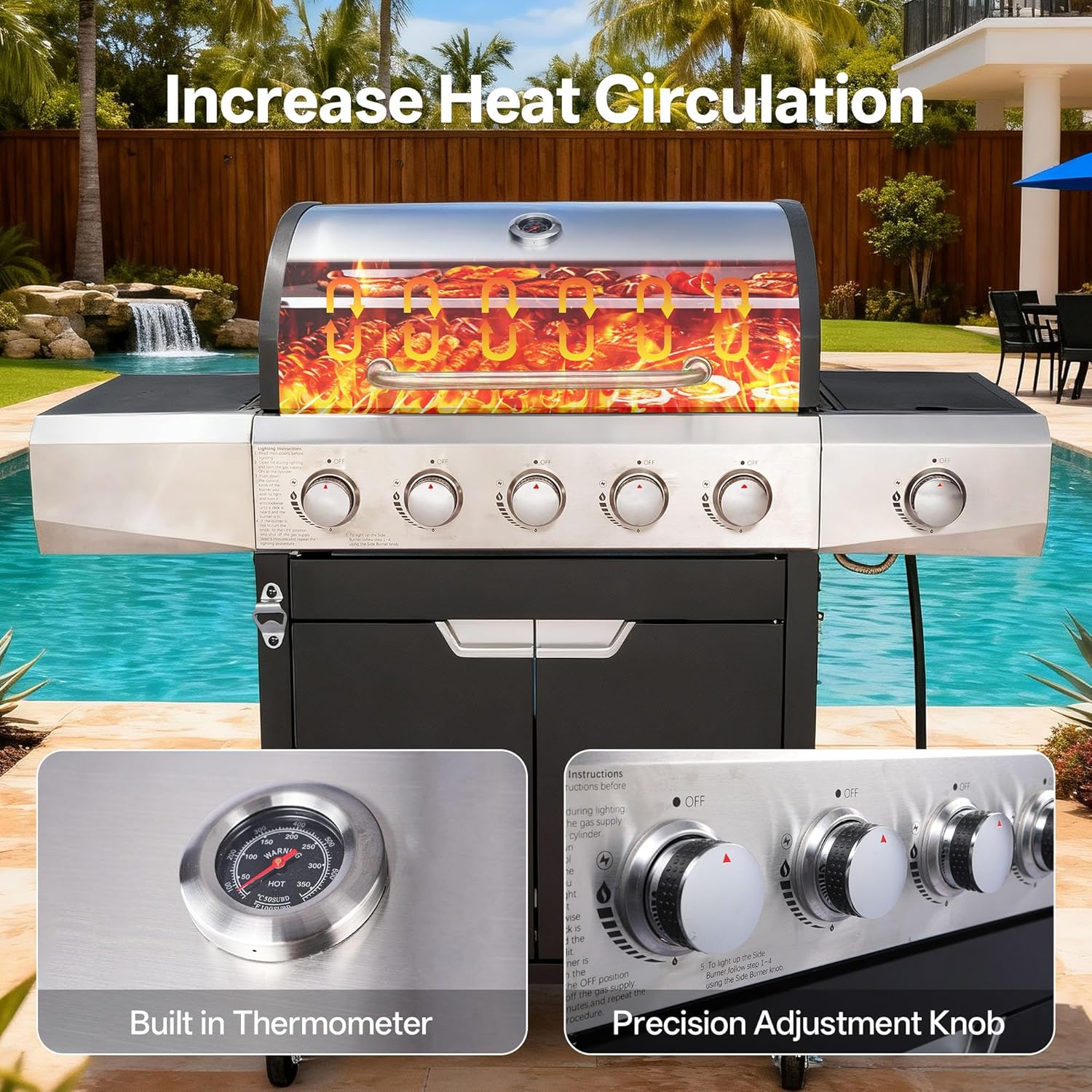 Endark 5-Burner 58,500 BTU Outdoor Propane Gas Grill with Side Burner, Stainless Steel & Porcelain Grates, Wheeled BBQ Grill for Patio, Garden, Backyard