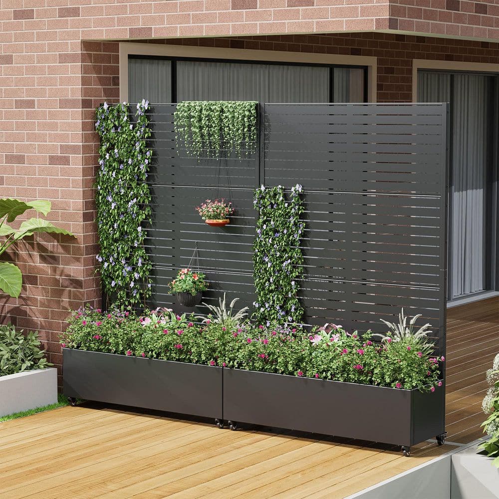 1 Piece 71.37 in. H x 46.8 in. W Black Metal Rectangle Outdoor Planting Box with Climbing Frame Decorative Art Panel