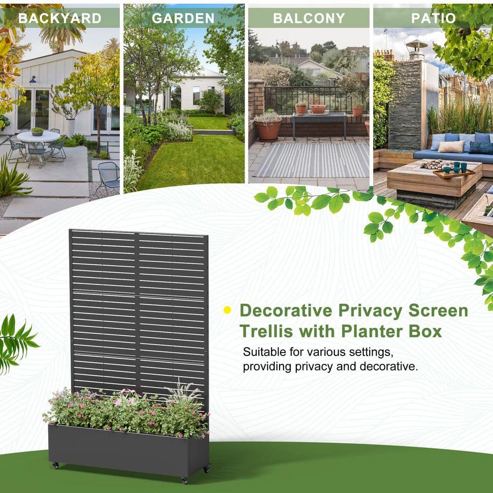 1 Piece 71.37 in. H x 46.8 in. W Black Metal Rectangle Outdoor Planting Box with Climbing Frame Decorative Art Panel